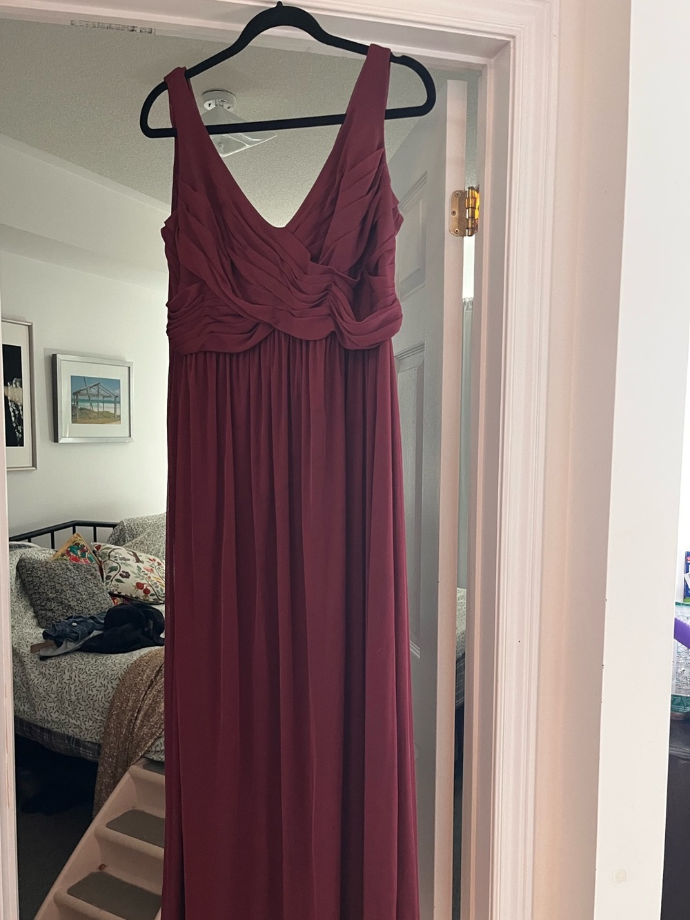Elegant V-Neck Chiffon Maxi Dress - Wine (size 16)